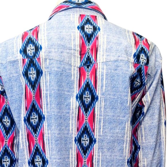 Wrangler Mens Western Pearl Snap Shirt Blue Pink Southwestern Print Size XXL - Picture 9 of 13